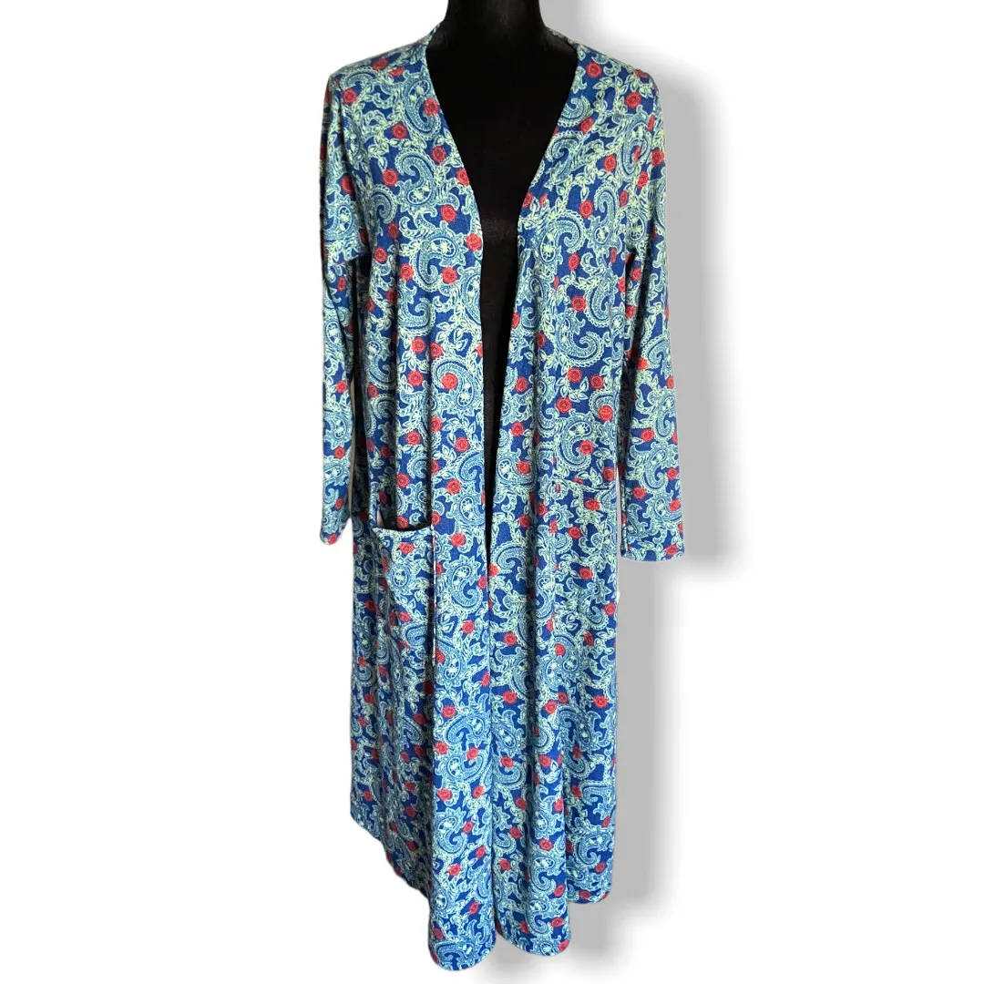 LuLaRoe‎ Womens Duster Size Large Sarah Blue Yellow Orange Paisley Knit Long NEW - Image 2