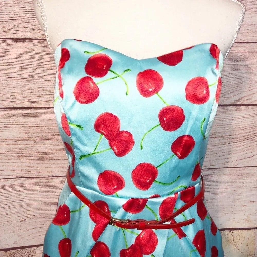 Teeze Me Blue and Red Cherry Strapless Dress Size 9 - Image 12