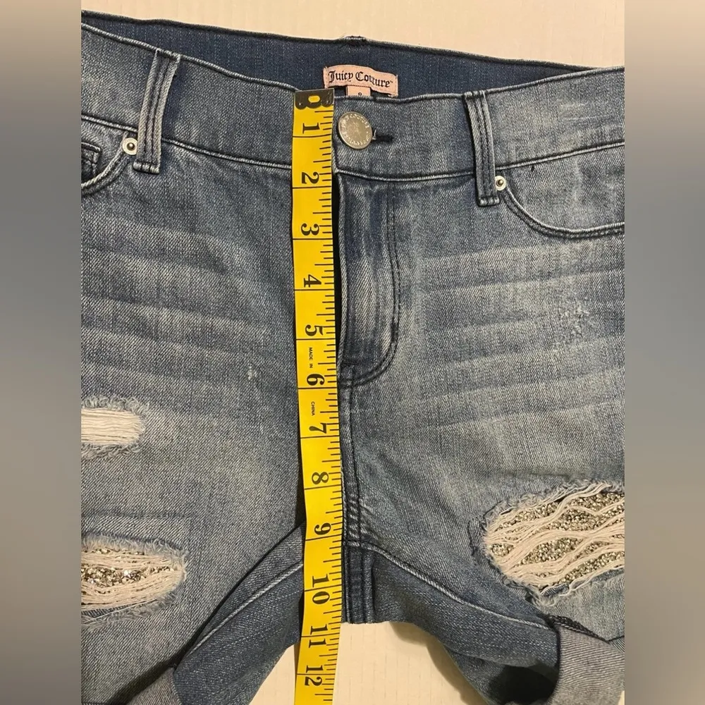 Juicy Couture Women Distressed Embellished Sparkle Stone Bermuda Jean Shorts- 8 - Image 9