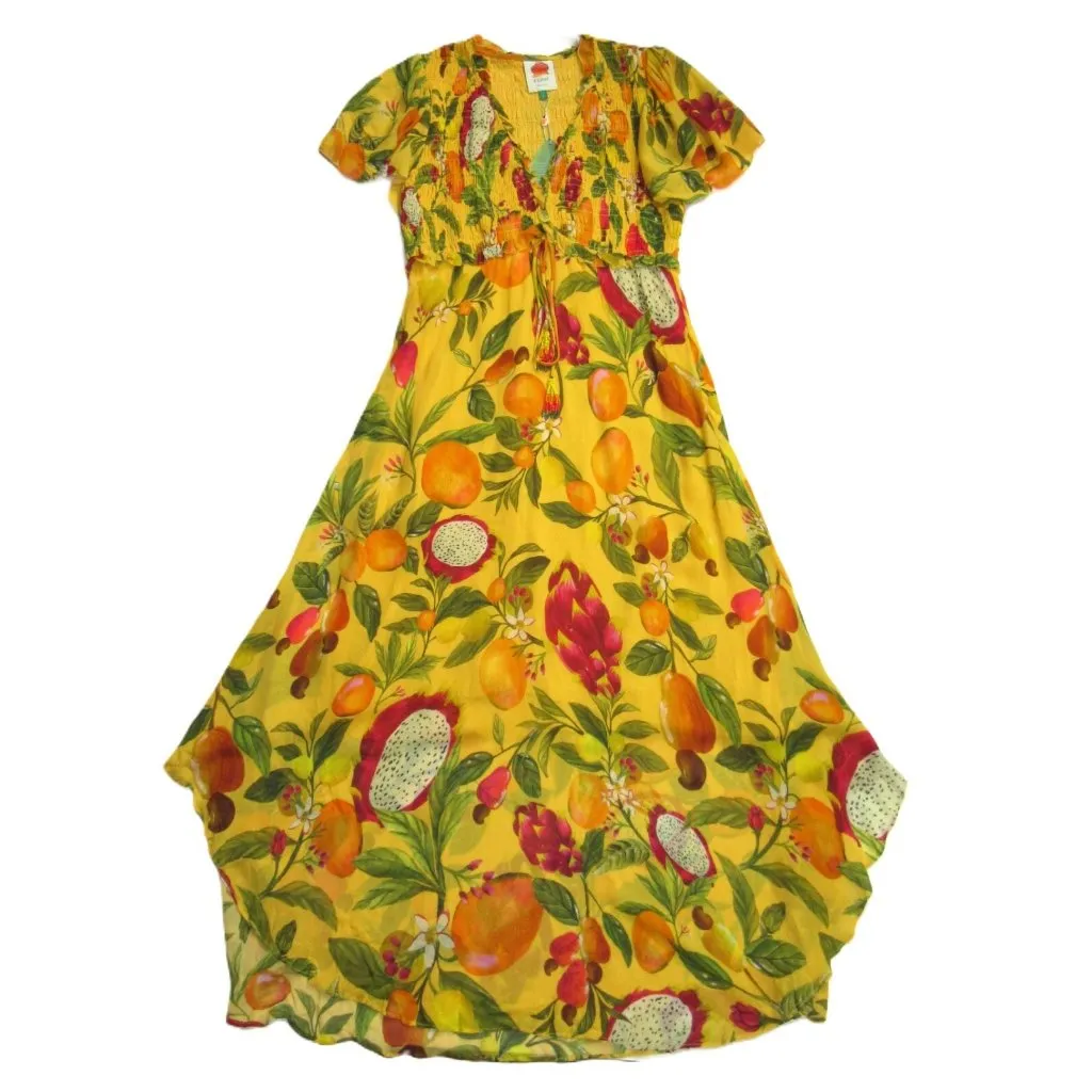 NWT FARM Rio Fruit Lovers Maxi in Yellow Tropical Print Smocked Dress L - Image 4