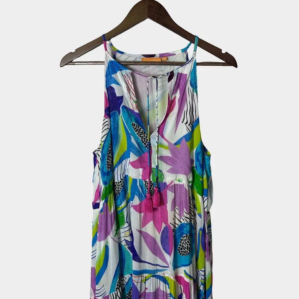 Oliphant Cotton Silk Tiered Maxi Dress Size Medium Multicolor Tassel - Image 3