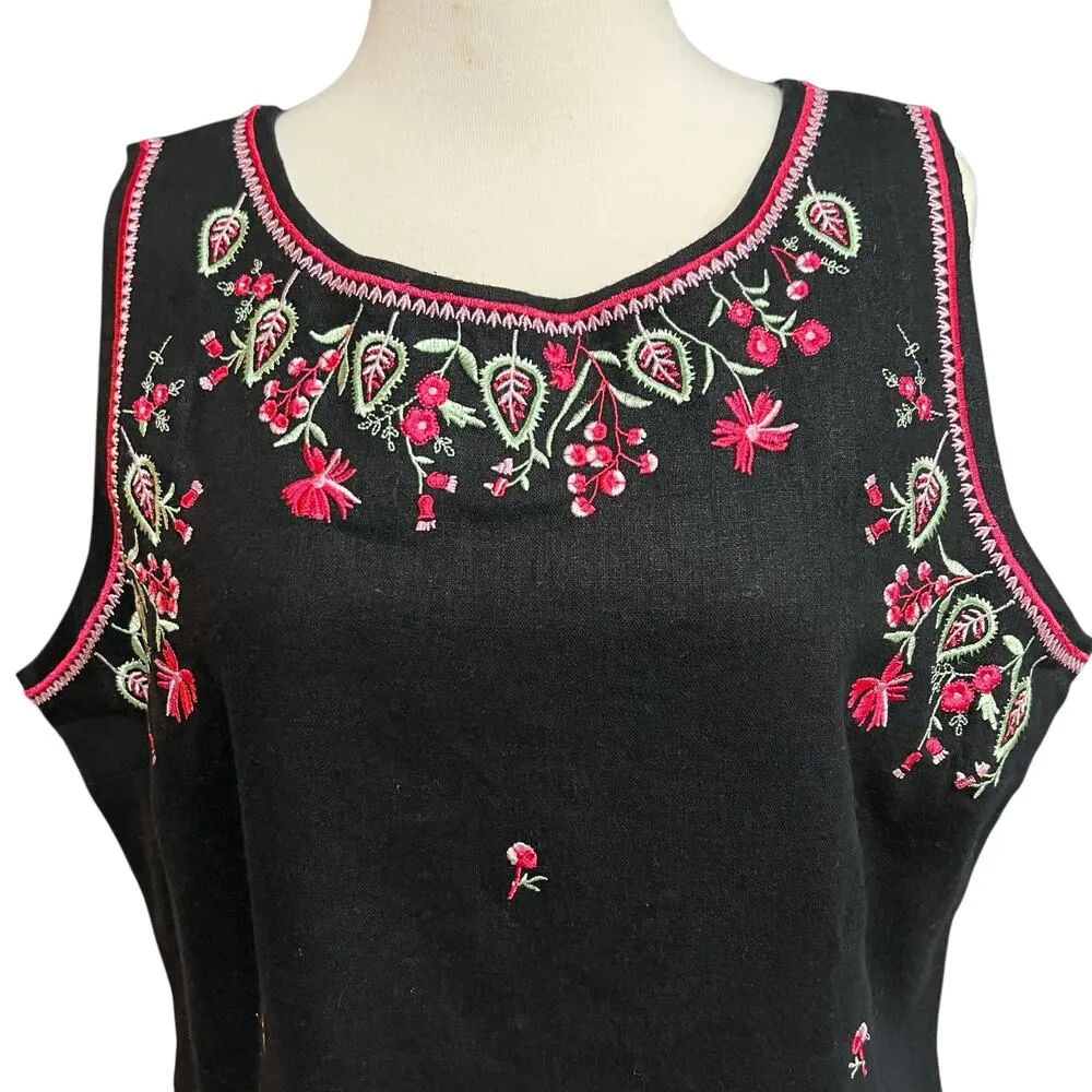 Vintage Citi Dress Womens 16 Black Embroidered Floral Linen Blend Slit Folk Boho - Image 3