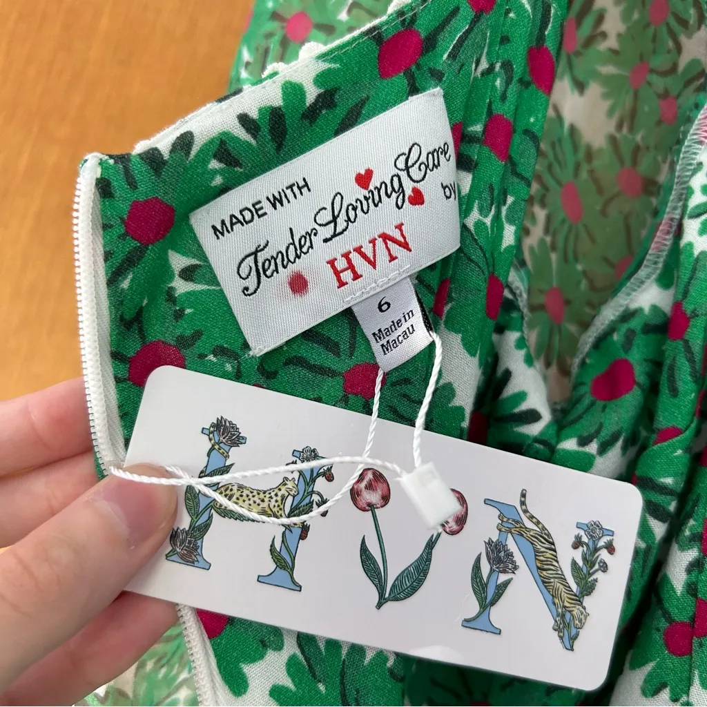 HVN Matilda Appliqued Floral Print Voile Silk Chiffon Midi Dress Green Size 6 - Image 14