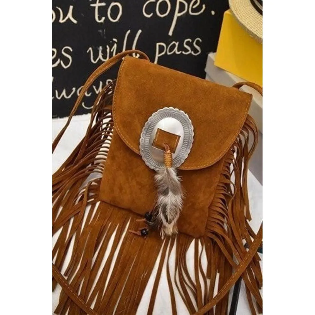 Boho Fringe Crossbody Bag Brown Suede Western Tassel Shoulder Purse NWT - Image 3