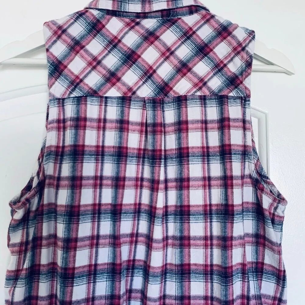 Forever 21 Red, Navy & White Plaid Flannel Button-Down Tunic Tank Shirt | Size L - Image 9