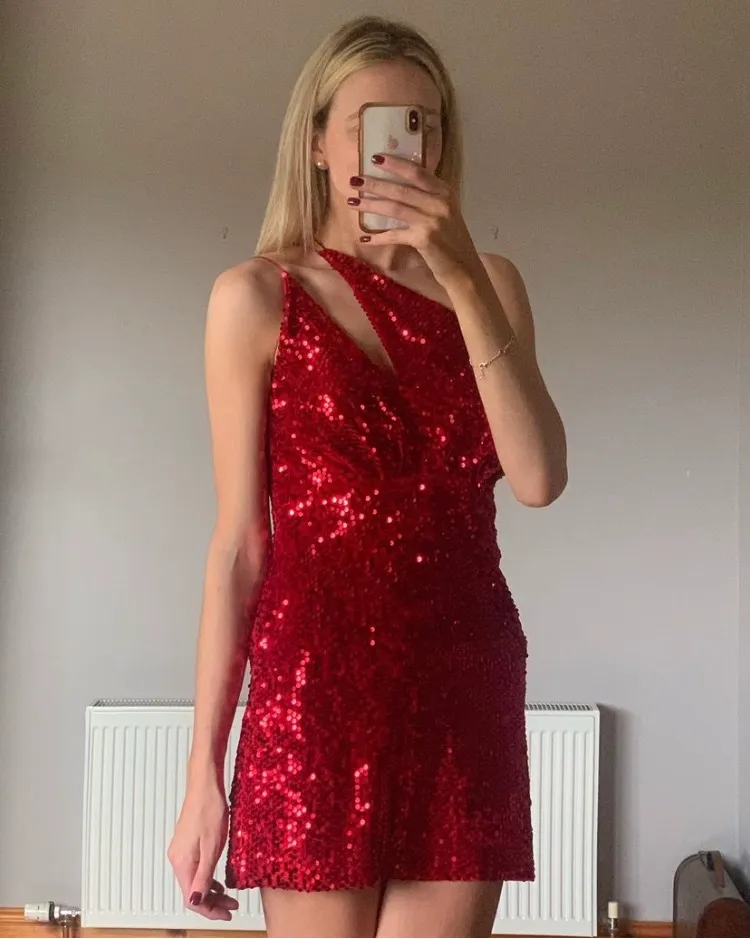 Red Velvet Sequin Dress Size S - Image 11