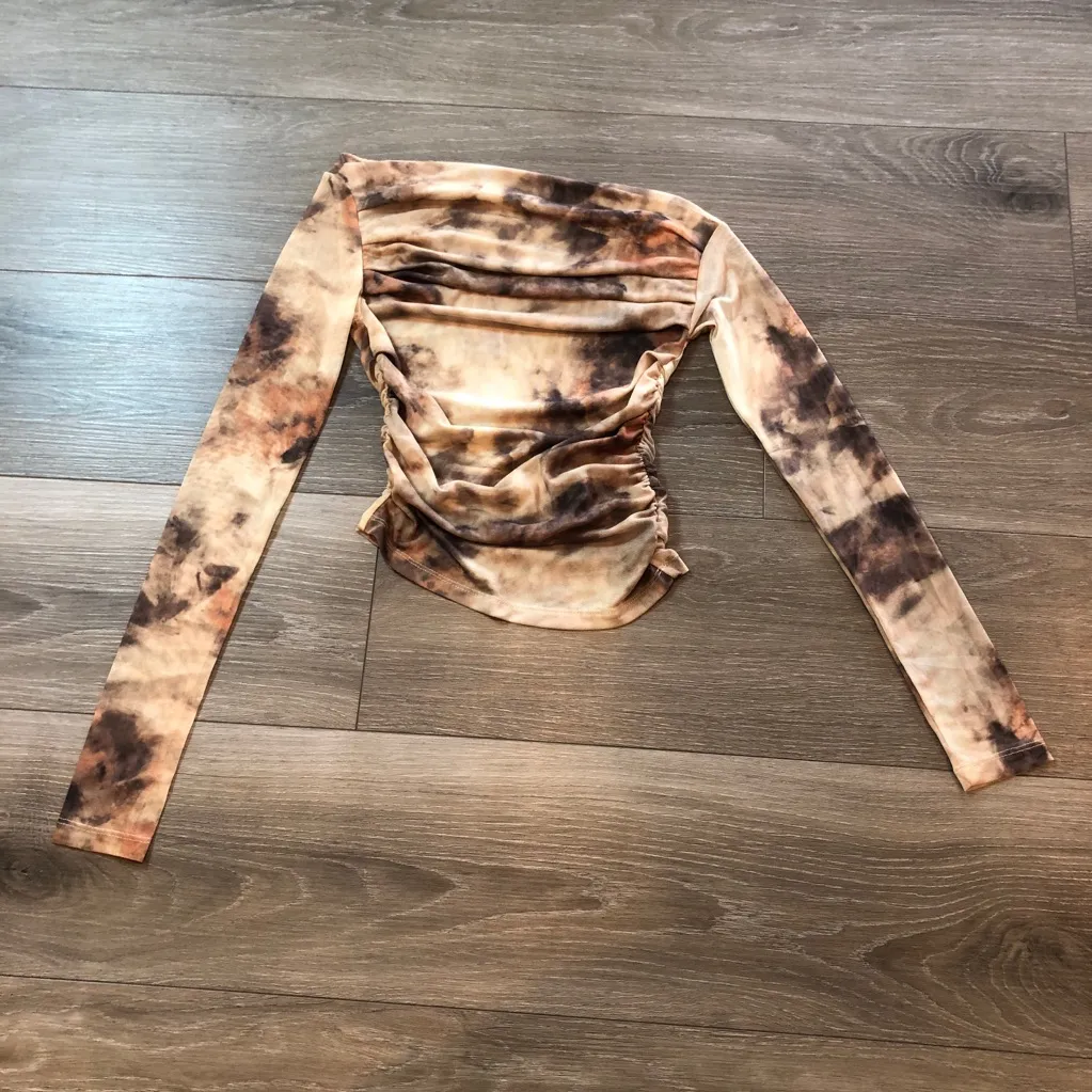 Commense Semi Sheer Tulle Mesh Top Off Shoulder Long Sleeve Crop Top Small Khaki Tan - Image 3