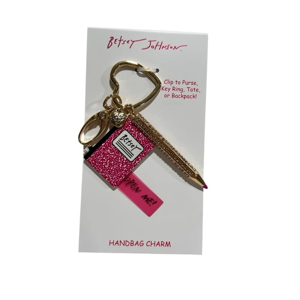Betsey Johnson Gold Hot Pink Notebook and Pencil Key Chain Fob Bag Charm NWT - Image 2