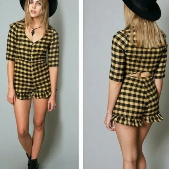For Love and Lemons Yellow Buffalo Plaid Wild West Romper - Image 2