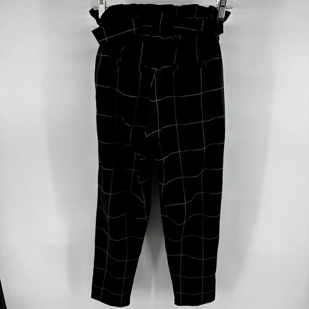 Albion Windowpane Paperbag Pants Bow Belt High Waisted Tapered Black White XS - Image 6