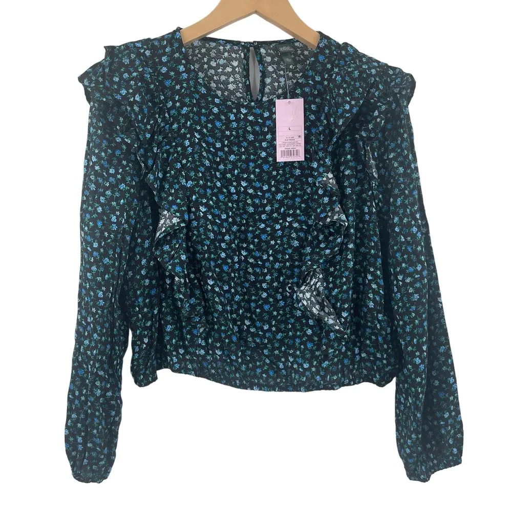 WILD FABLE Blouse Size Large NWT Floral Ruffle Blouson Puffly Long Sleeve Blue - Image 3