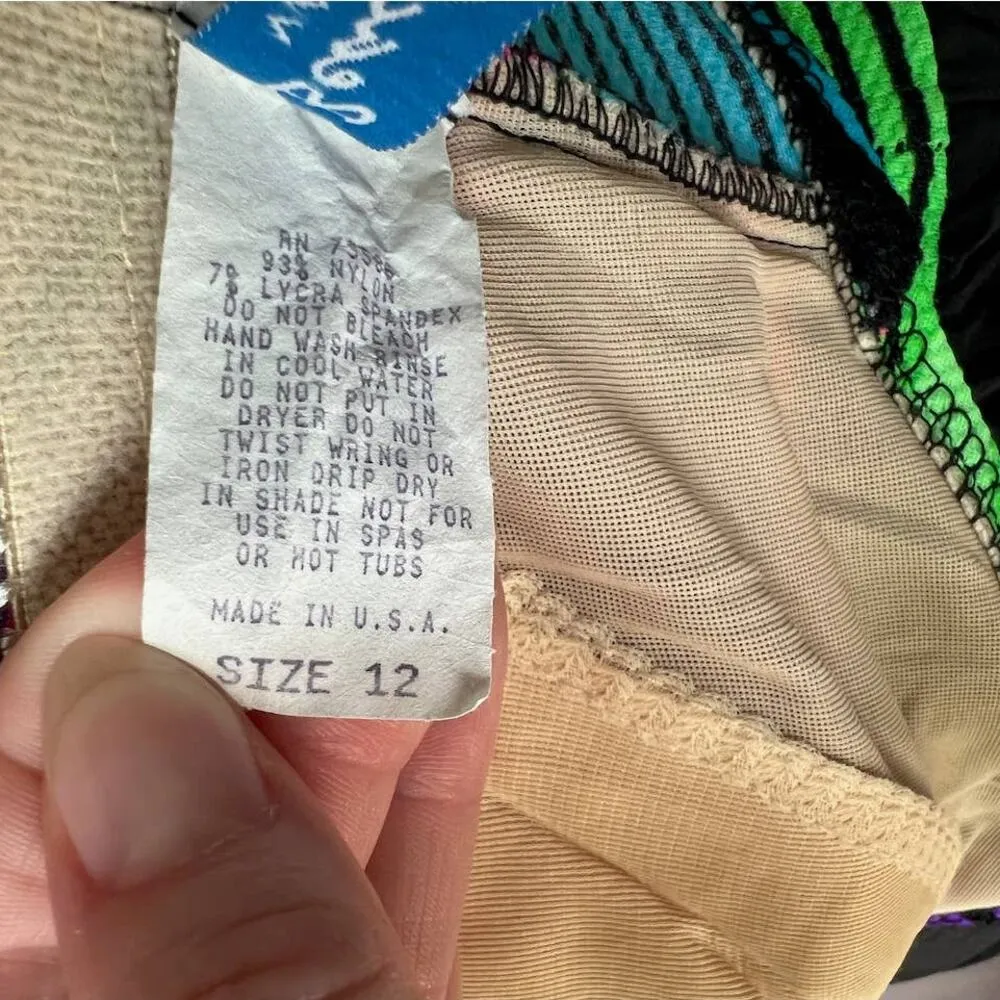 swimsuit one piece striped Vintage 1990s shorts hot pink blue green Size 12 - Image 12