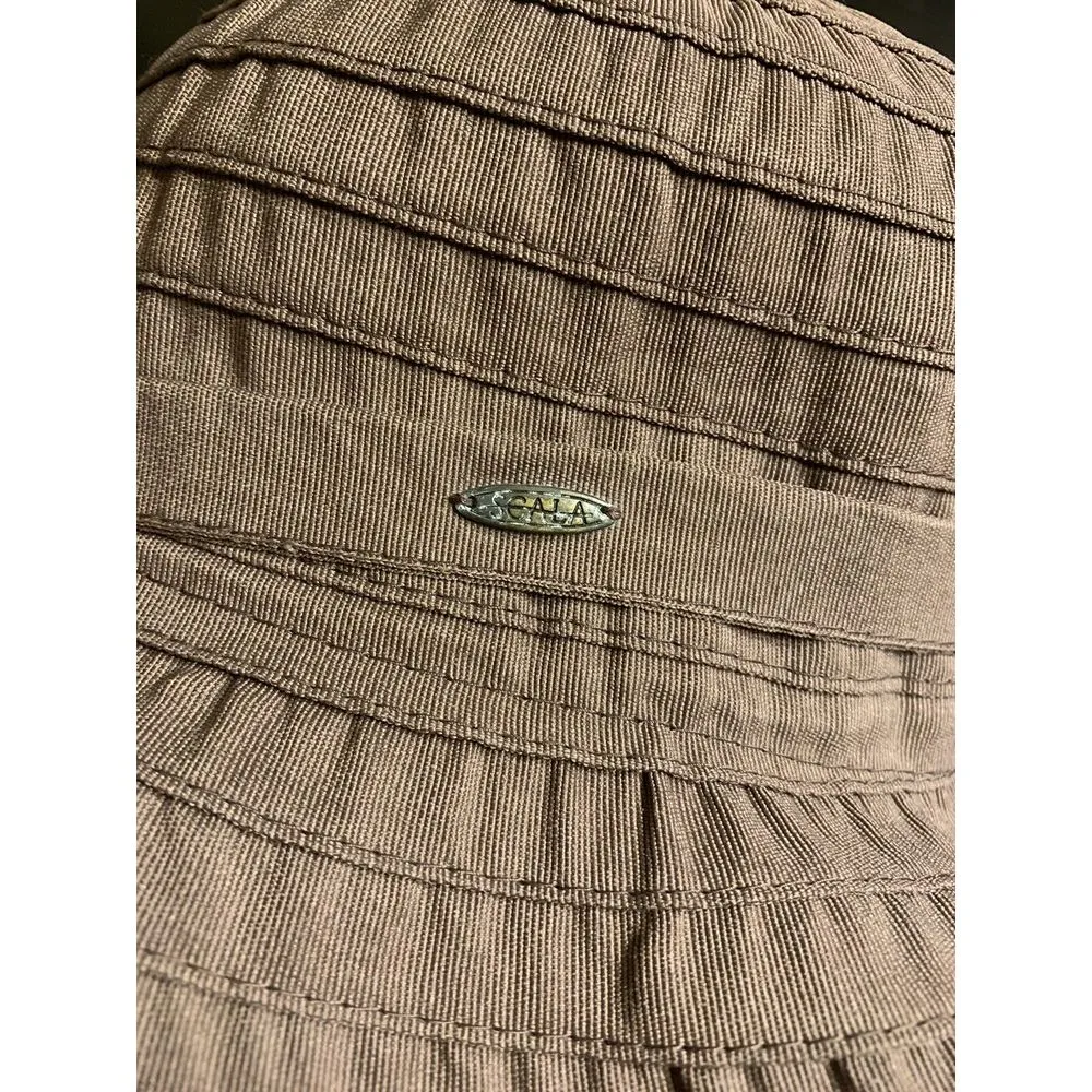 Scala Large Brim Sun Hat Neutral Brown Packable Textured Logo‎ Tie - Image 4