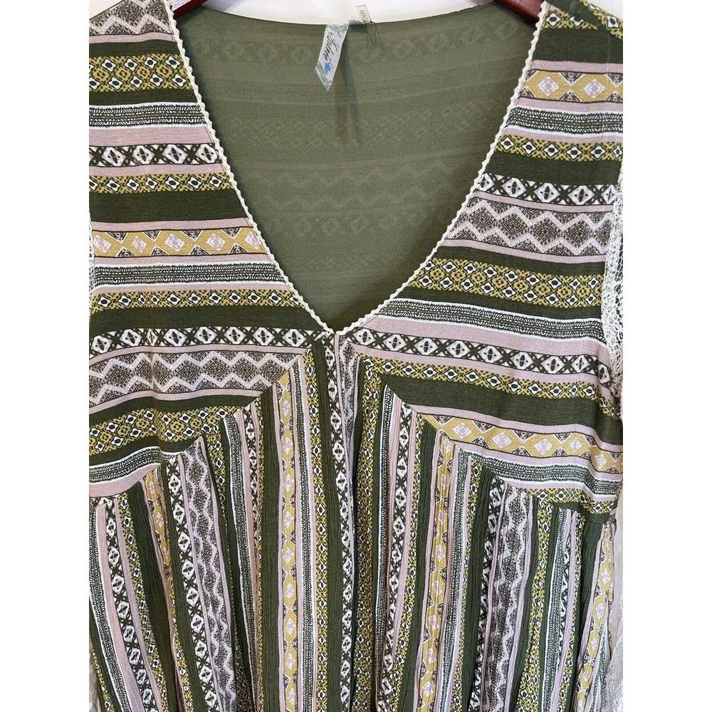 Dress Babydoll M Green Stripe Lace Bell Sleeves Boho Festival Peasant Andree‎ - Image 2