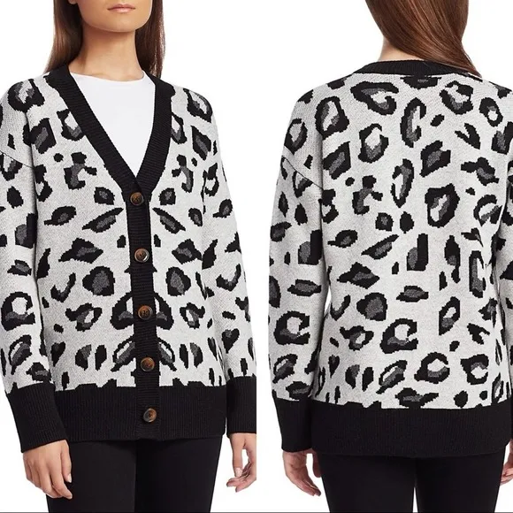 DESIGN HISTORY Sweater Cardigan Leopard Jacquard Gray Black NWT Size Medium - Image 2