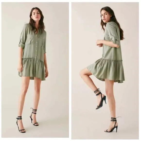 Zara Army Green Babydoll Ruffle Button Oversized Mini Dress XS Lightweight Beach - Image 2