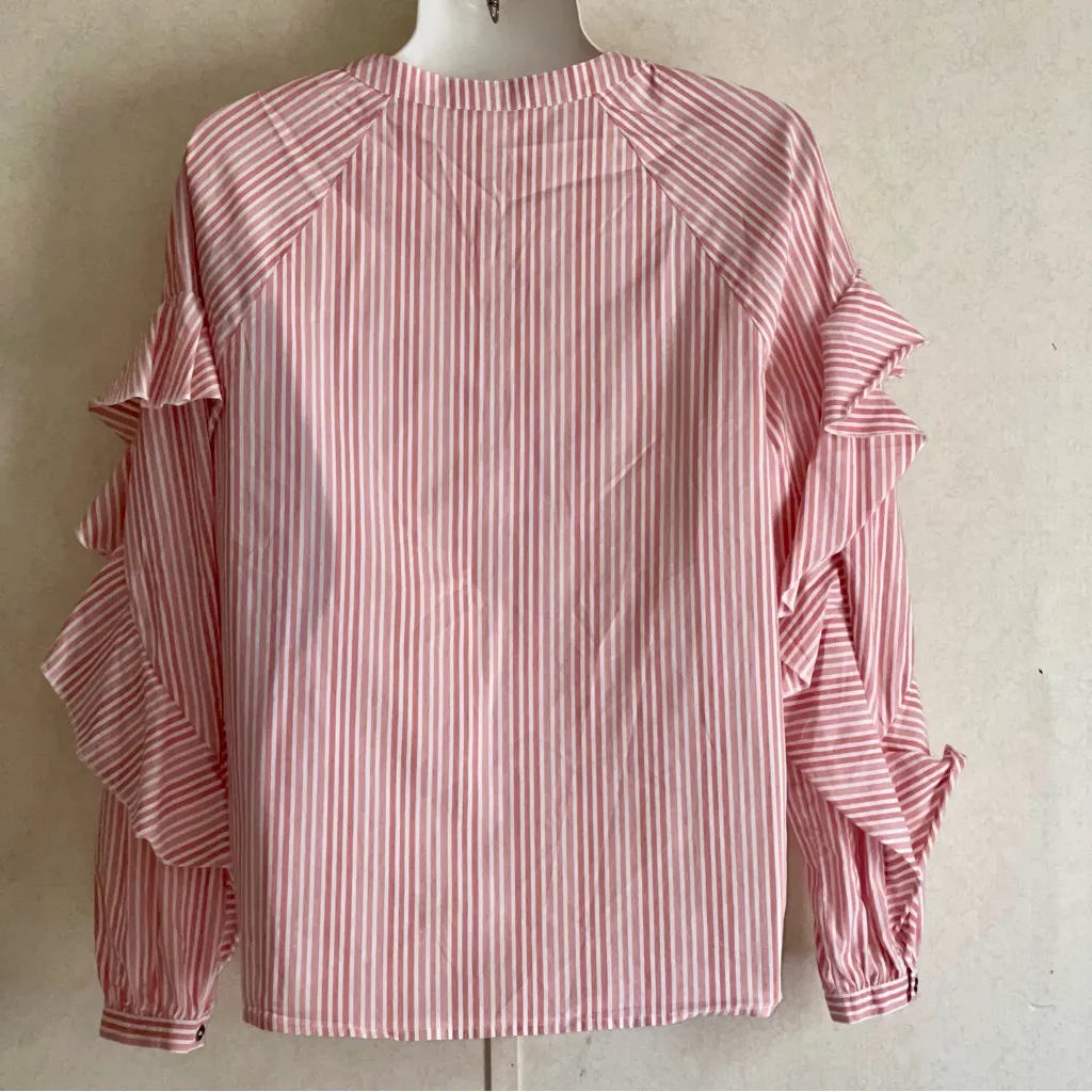 Ella Moss Pink and White Ruffled Long Sleeve Blouse - Image 3