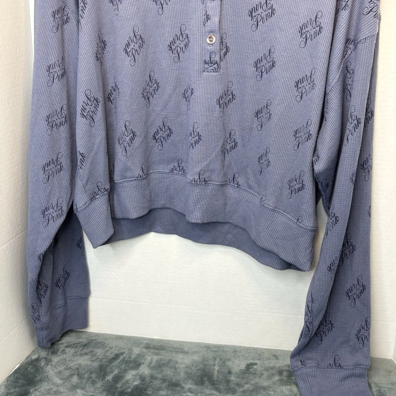 Womens Victorias Secret Pink Sleepwear Blue Crop Top Waffle Knit Long Sleeve XL - Image 4