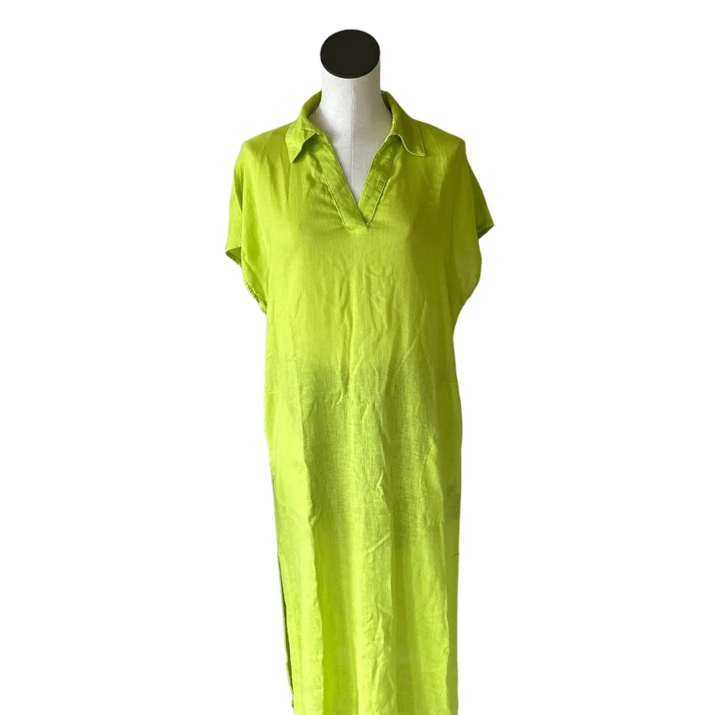 NWT TAHARI Lime Green Linen Blend Midi Lagenlook Dress Pockets - Image 7