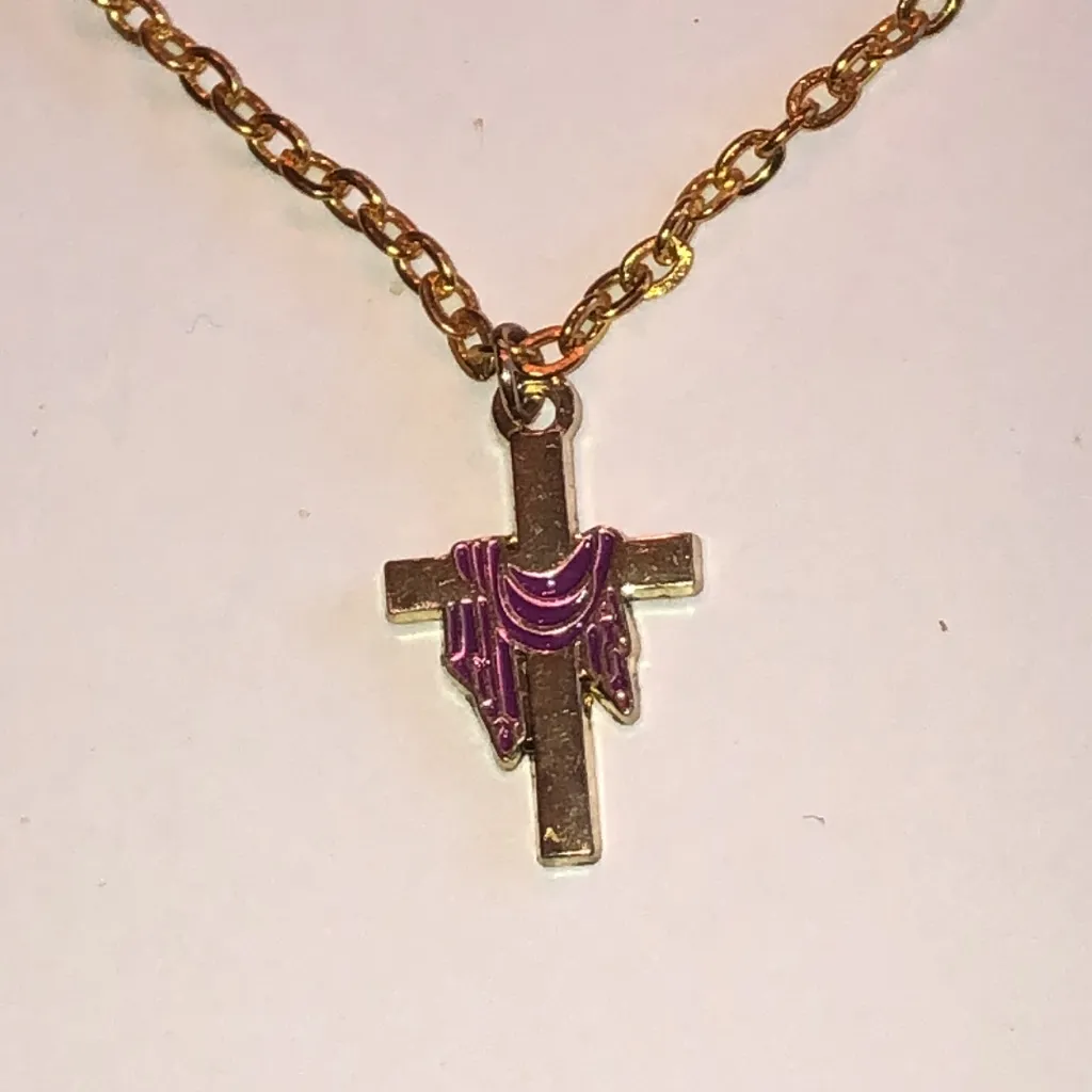 Elegant Gold Tone and Purple Enamel Dainty Cross Necklace - Image 3