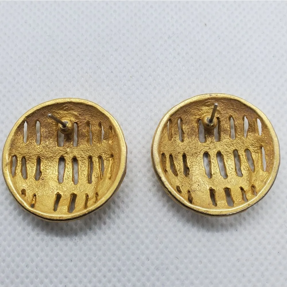 Vintage Gold Tone Basket Weave Earrings Gold - Image 3
