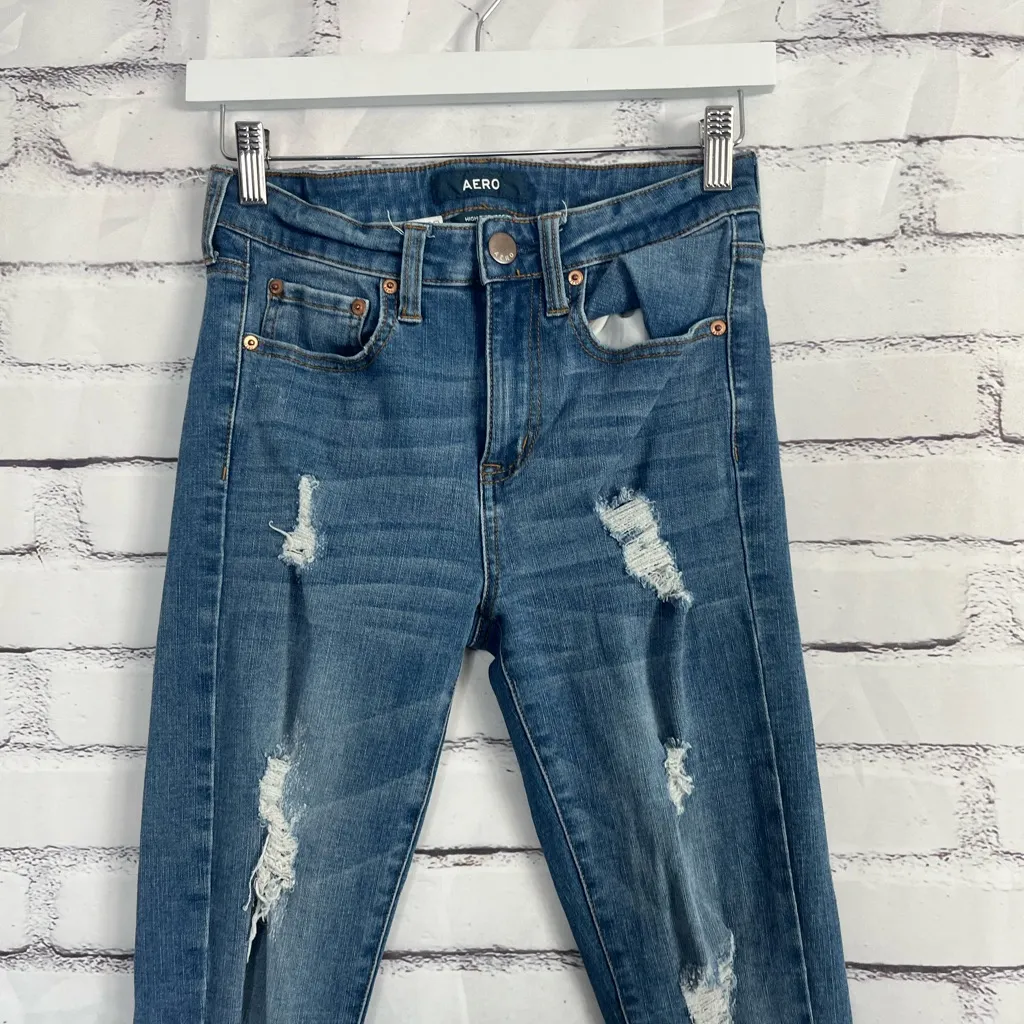 Aero High Rise Jegging Distressed Skinny Jeans Medium Wash Women’s 4 Stretch Y2K Blue - Image 5