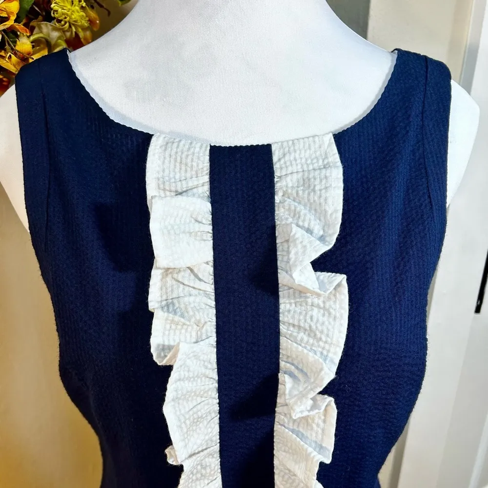 LAUREN JAMES Bailey Ruffle-Trimmed Seersucker Shift  Dress in Navy Coastal Sz S - Image 3