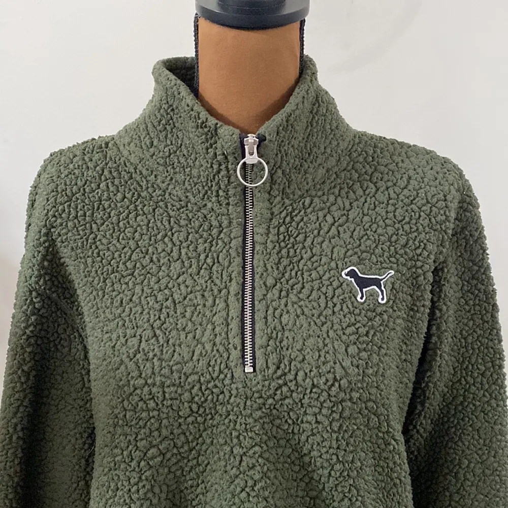 Pink Victoria’s Secret fleece quarter zip soft shell pullover jacket olive sz M - Image 5