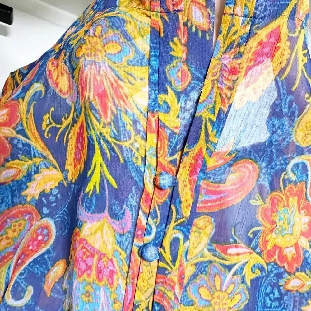 JONES NEW YORK Size Small‎ Petite Blouse Blue Orange Paisley Print - Image 4
