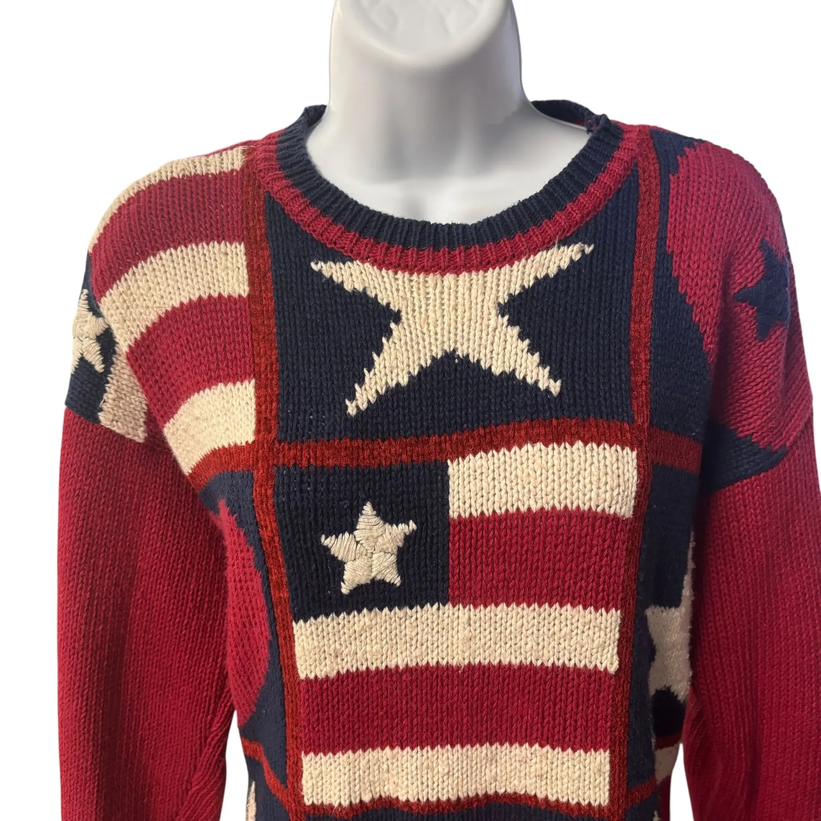 Marsh Landing Knit Sweater Top American Flag Star Heart Patriotic Red Small VTG‎ - Image 3