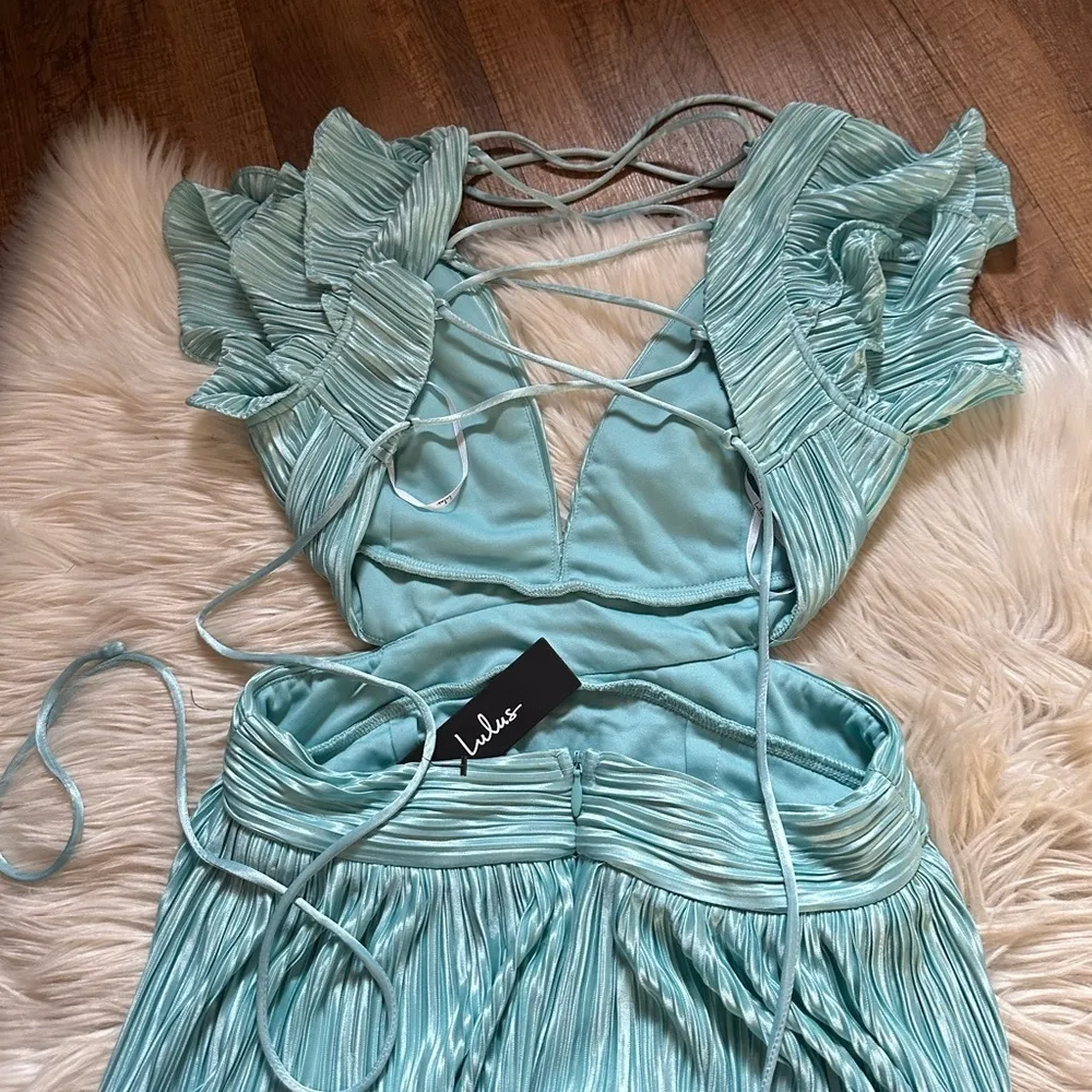 LULU’S Captivating Delight Teal Blue Plisse Satin Lace-Up Mini Dress - Image 7