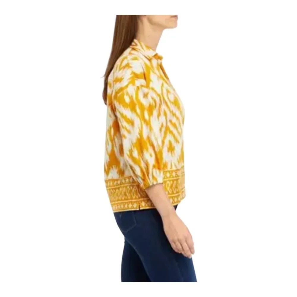 Crown & Ivy Blouse Popover Top Ikat Print 3/4 Sleeve Collared Gold Women Size XL - Image 3
