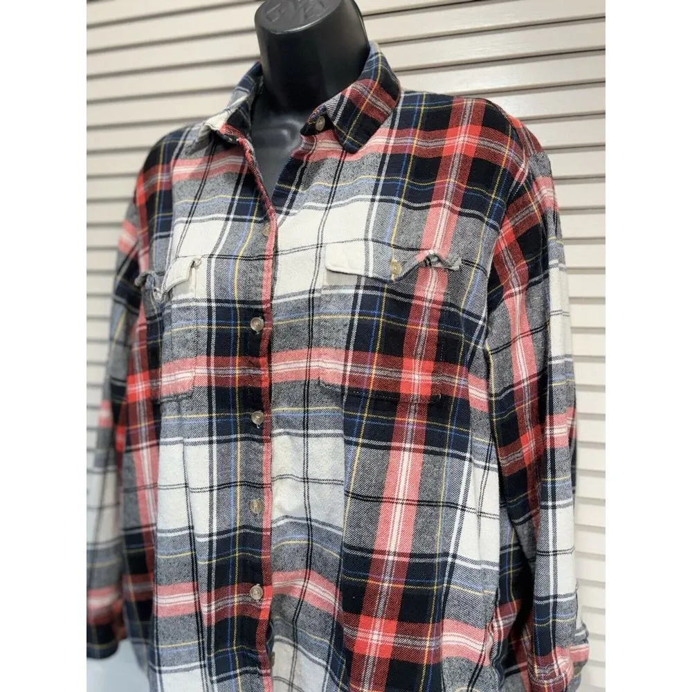 Old Navy Red/White Plaid Flannel Boyfriend  Button Up Long Sleeve Shirt Size L‎ - Image 2