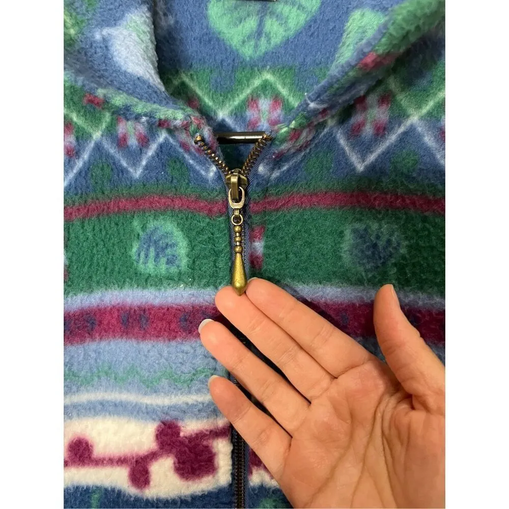 Vintage Teddi‎ 90s Plant Print Zip Up Fleece Jacket Size Large Petite Blue - Image 6