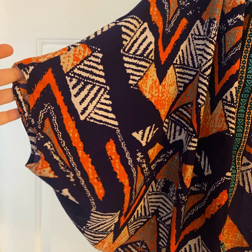 Vintage Havana Orange and Navy Bold Print Open Kimono Dolman Sleeves, Medium - Image 3