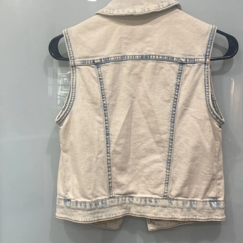 Mossimo Supply Light Acid Wash Distressed Lace Crochet Denim Jean Vest Y2k Sz XS Blue - Image 4