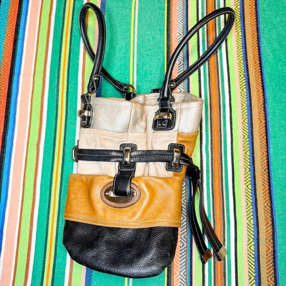 Vintage B. Makowsky Colorblock Leather Satchel Bag in Black Tan Cream & Silver - Image 8