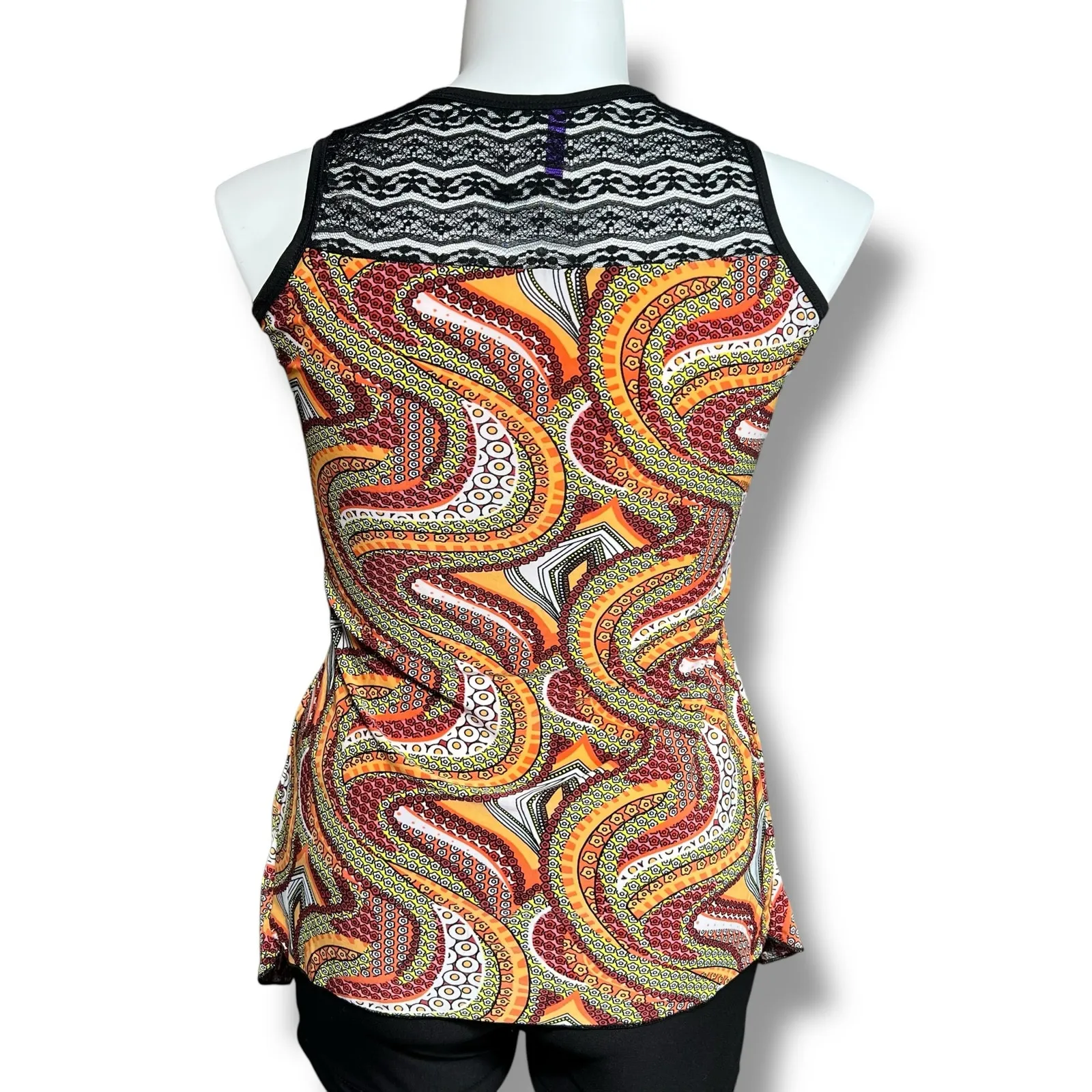 Laura Womens Swing Top Blouse Tank Top Lace Collar Orange Abstract Print Large - Image 3
