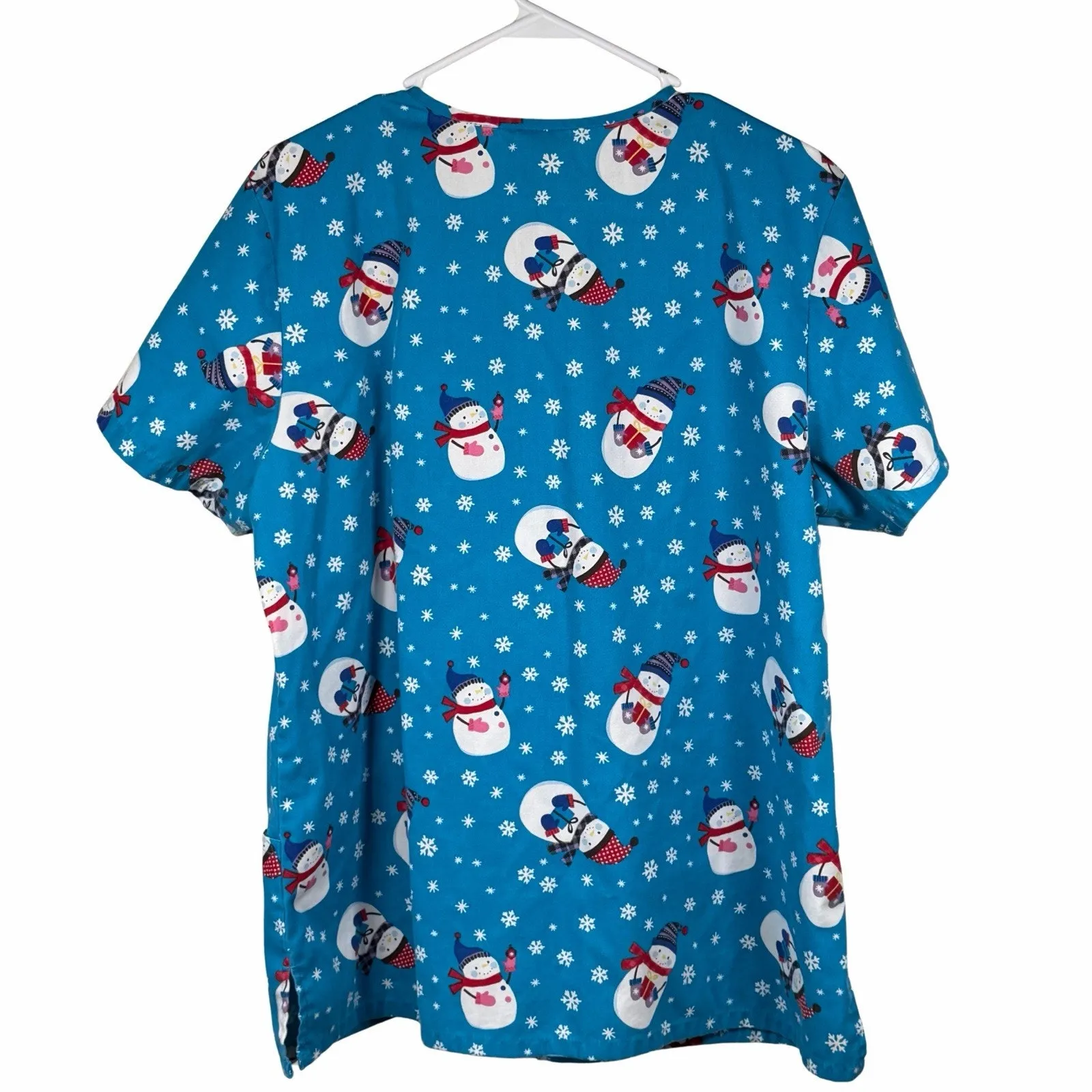 SB Scrubs Scrub Top Women's Large Blue Snowman Snowflake Christmas Medical Vet - Image 2