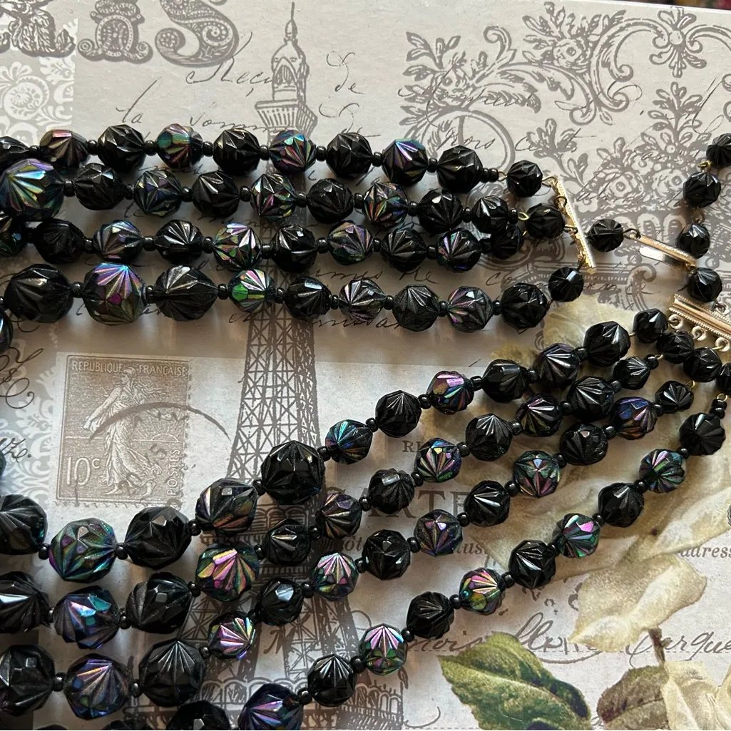 SUPERB Vintage 4 Strand AB Faceted Plastic Black Beaded Necklace WEST GERMANY - Image 3