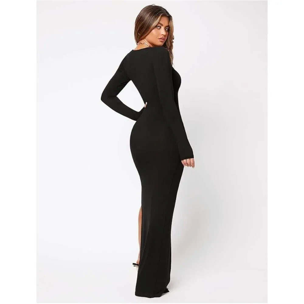 NEW Black Long Sleeve Slit Thigh Scoop Neck Dress S - Image 2