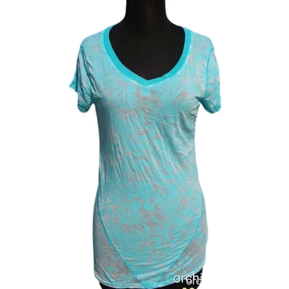 Cache Blue Stretch Bamboo Flower Burn Out Tee Top Peek A Boo Soft V Neck NWT $78 - Image 2