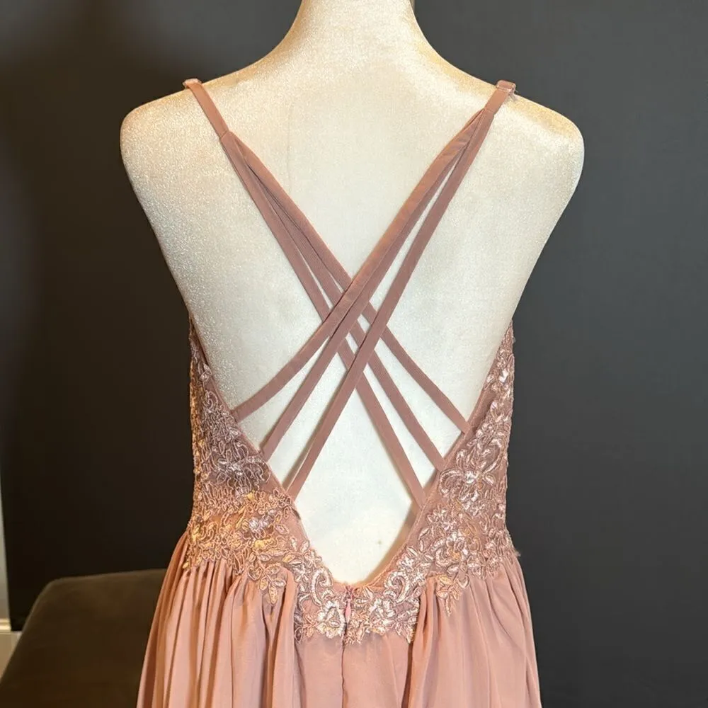 Women’s Pink Chiffon & Lace Appliqué Bridesmaid Dress Zip Up & Leg Slit Size 8 - Image 5