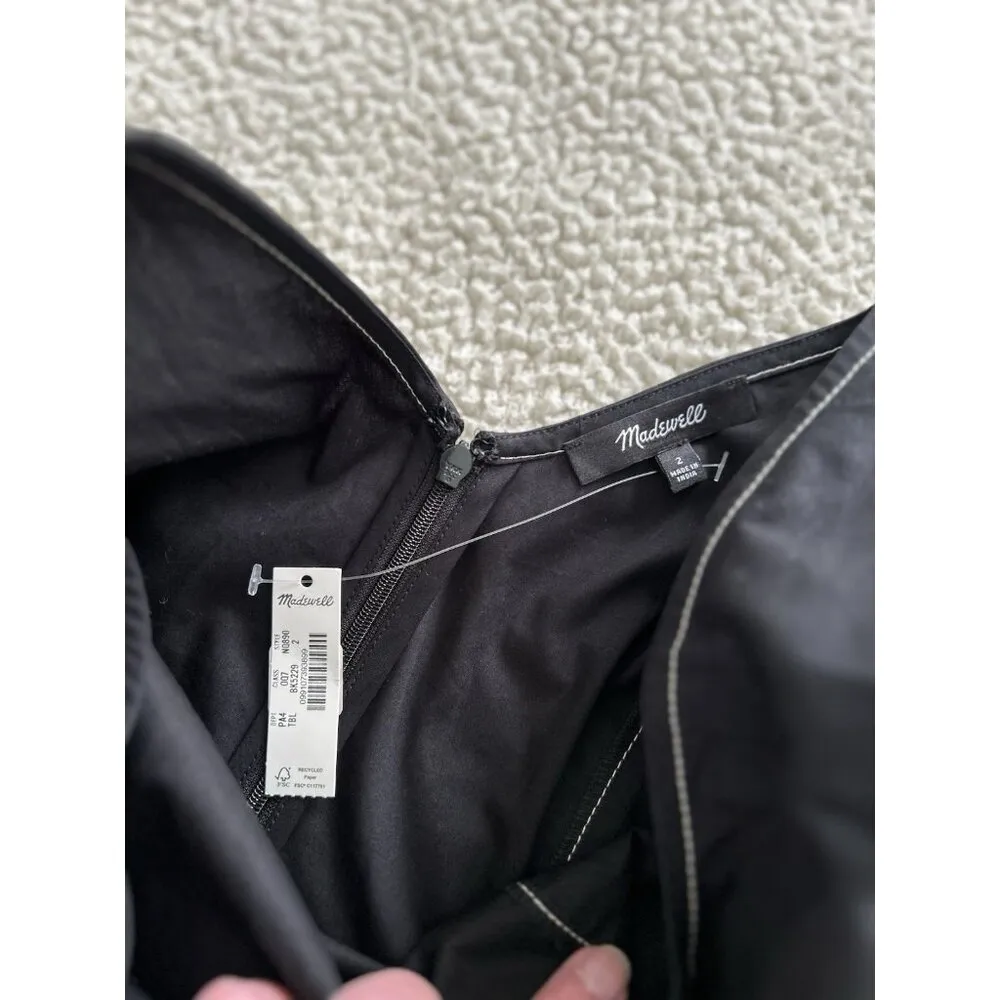 Madewell Jinni Dress Short Puff Sleeve Drop Waist Top Stitching Midi Black Sz 2 - Image 7