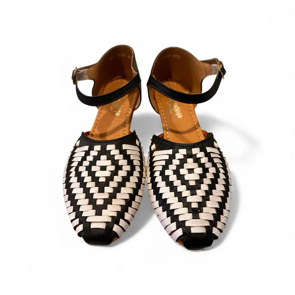 Macarena Authentic Woven Leather Huarache Flats Ankle Strap Black Tan Size 9 - Image 2