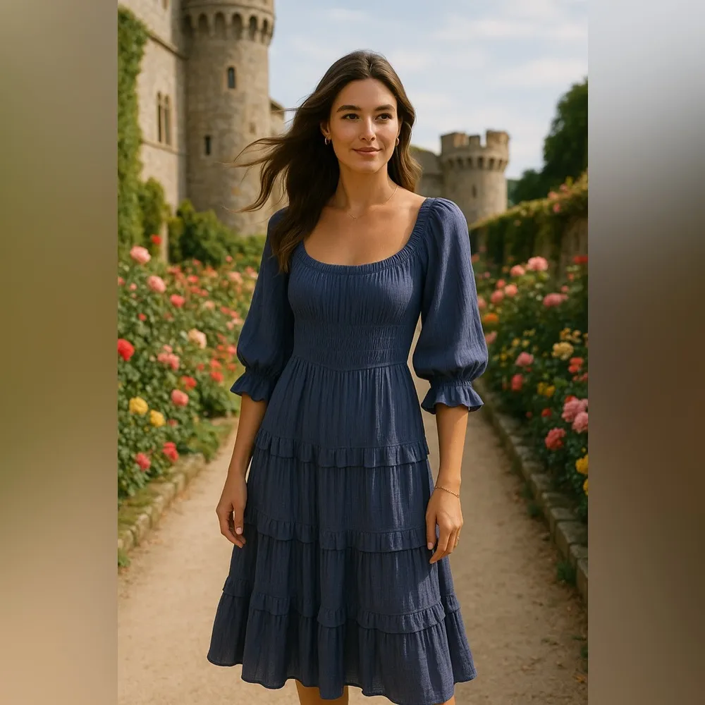 Mittoshop Midi Dress Summer Autumn Puff Sleeve Smocked Tier Cottagecore Prairie - Image 2