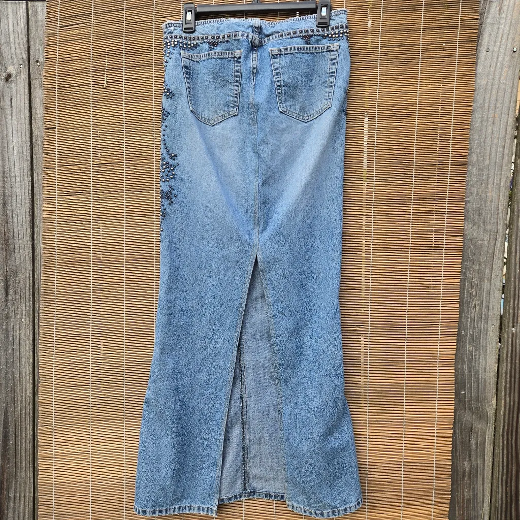Y2K Express Jeans Studded Button Fly light faded denim maxi skirt 7/8 Blue Size undefined - Image 7