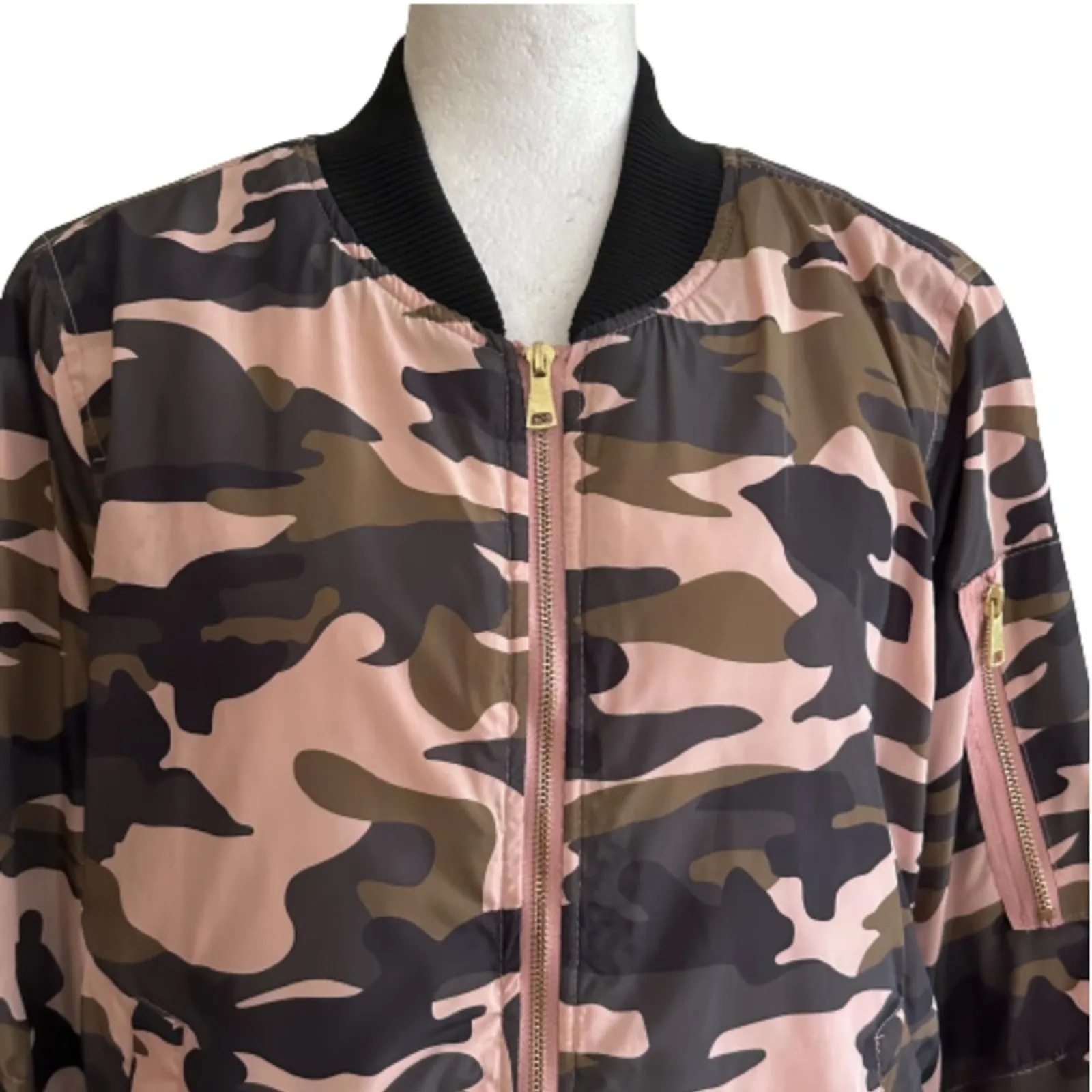 Miss London Jacket Coat Pink Olive Black Quilted Camouflage Bomber Coat Large - Image 3