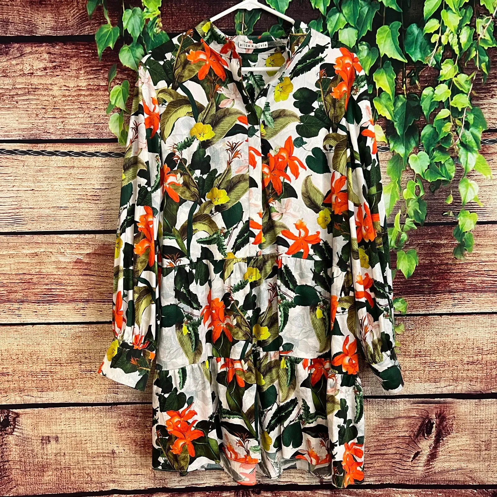 Alice + Olivia Cailin Tropical Mini Dress XL Sunrise Hawaiian Floral Midi $440 - Image 3