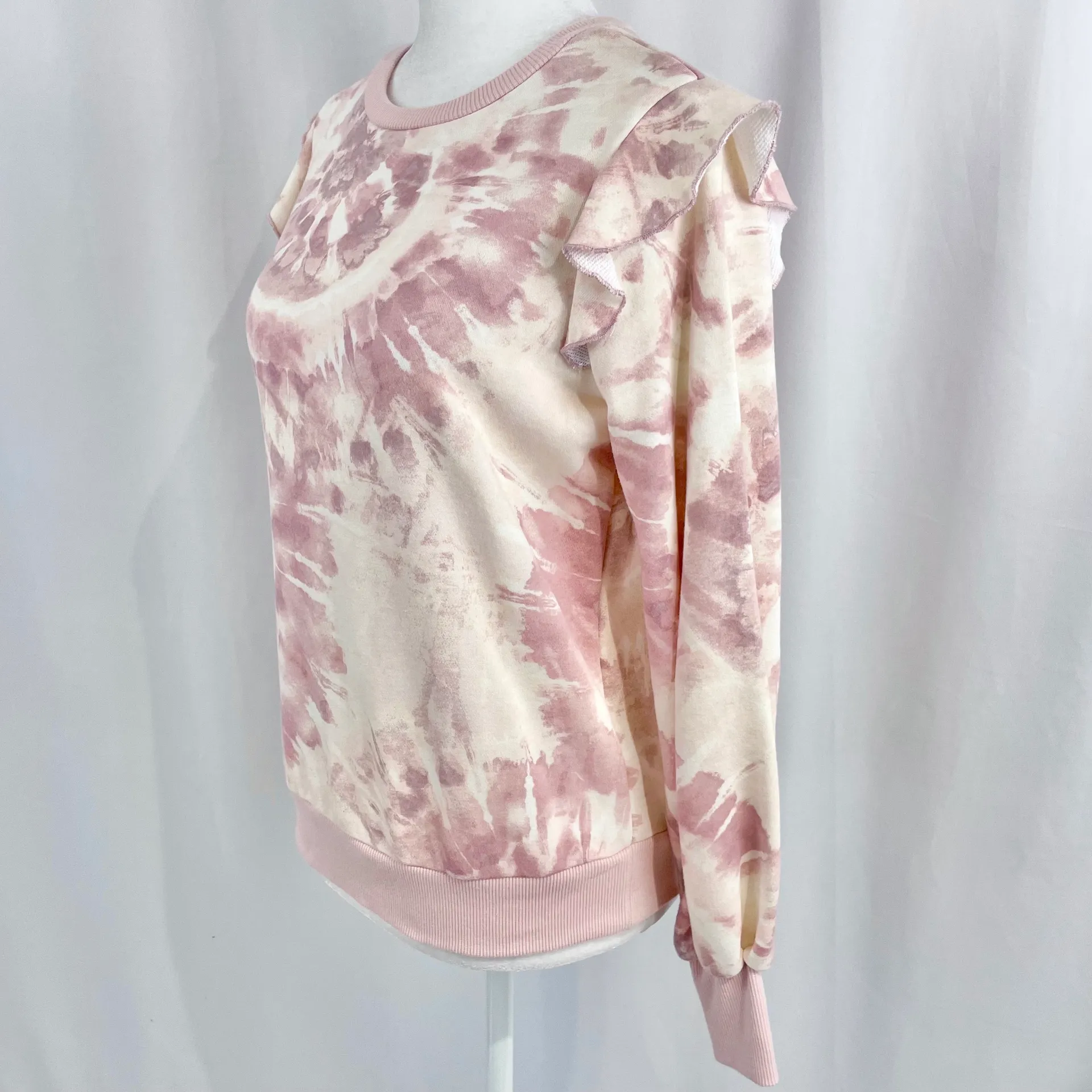 New Marled Tie Dye Ruffle Trim Sweatshirt Long Sleeve Crewneck Pullover Pink - Image 5